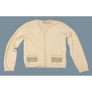 Vintage Button-Up Grannycore Cardigan With Embroidered Pockets Wool Blend Size M
